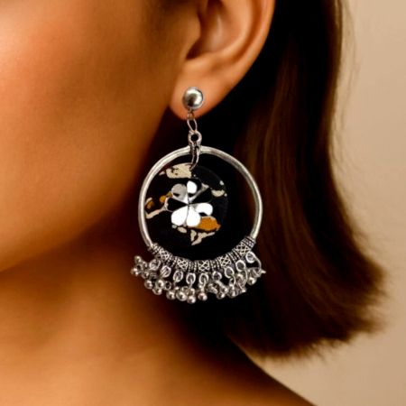 Black Printed Bali Jhumka Earrings With Ghungroo